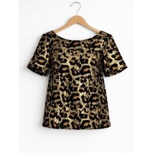 Hutch Metallic Leopard Gold Black Jacquard Textured Short Sleeve Dressy Blouse
